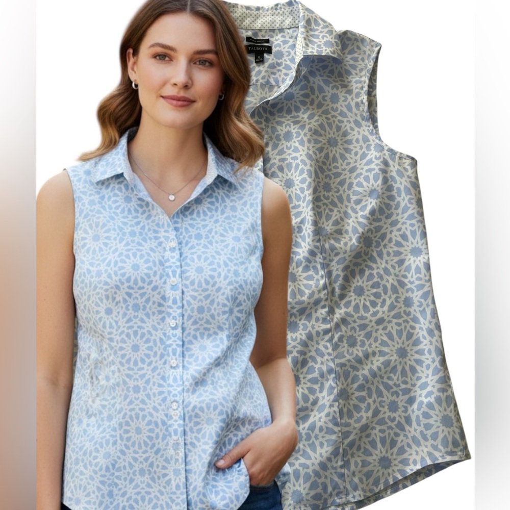 Talbots Blue Geometric Print  Sleeveless Blouse - Wrinkle Resistant - Size 6